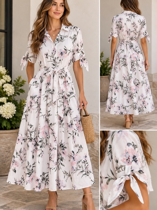 Calvin Klein Dresses & Skirts - Calvin Klein 4 Floral Cotton Maxi Shirt Dress Belted Cottagecore Romantic Pink S